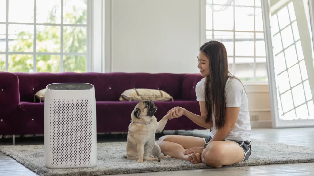 A woman sits on the floor of a bright, cozy living room, playing with her pug dog. In the foreground, a white air purifier is placed on a soft rug, indicating a clean and fresh environment.